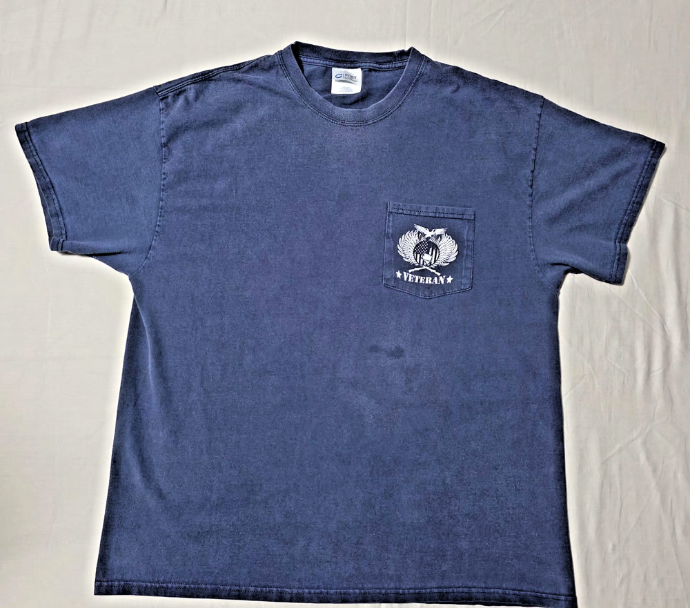 Vintage Port & Company "Veteran" Pocket T-Shirt Adult XL Blue Double Sided